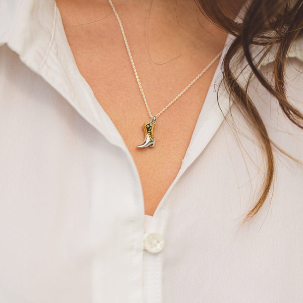 Cowboy Boot Necklace in Silver and Gold Plate