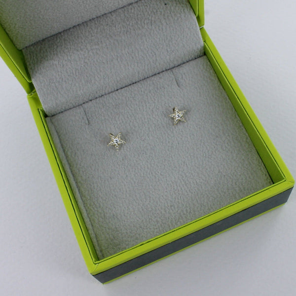 14K Solid Yellow Gold and Diamond Star Stud Earrings - Reeves & Reeves