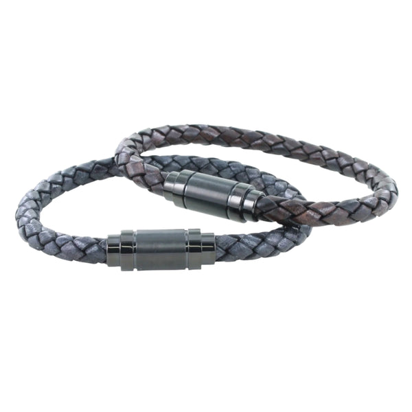 Black Steel Clasp Plaited Leather Bracelet Unisex - Reeves & Reeves