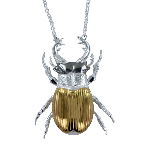 Sterling Silver and 18ct Gold Plated Stag Beetle Necklace - Reeves & Reeves