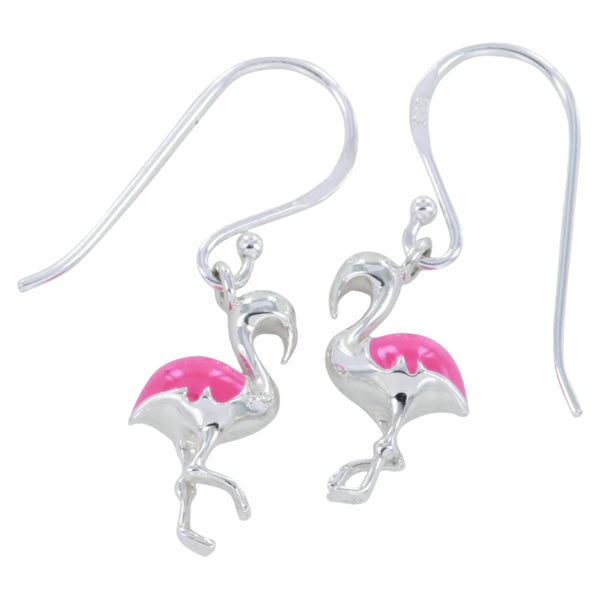 Sterling Silver and Pink Enamel Flamingo Drop Earrings - Reeves & Reeves