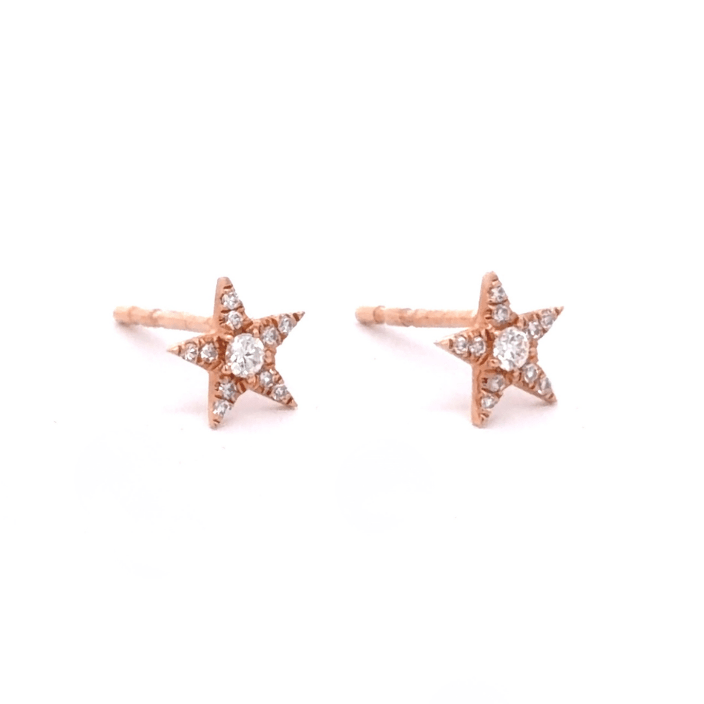 14K Solid Rose Gold and Diamond Star Stud Earrings - Reeves & Reeves