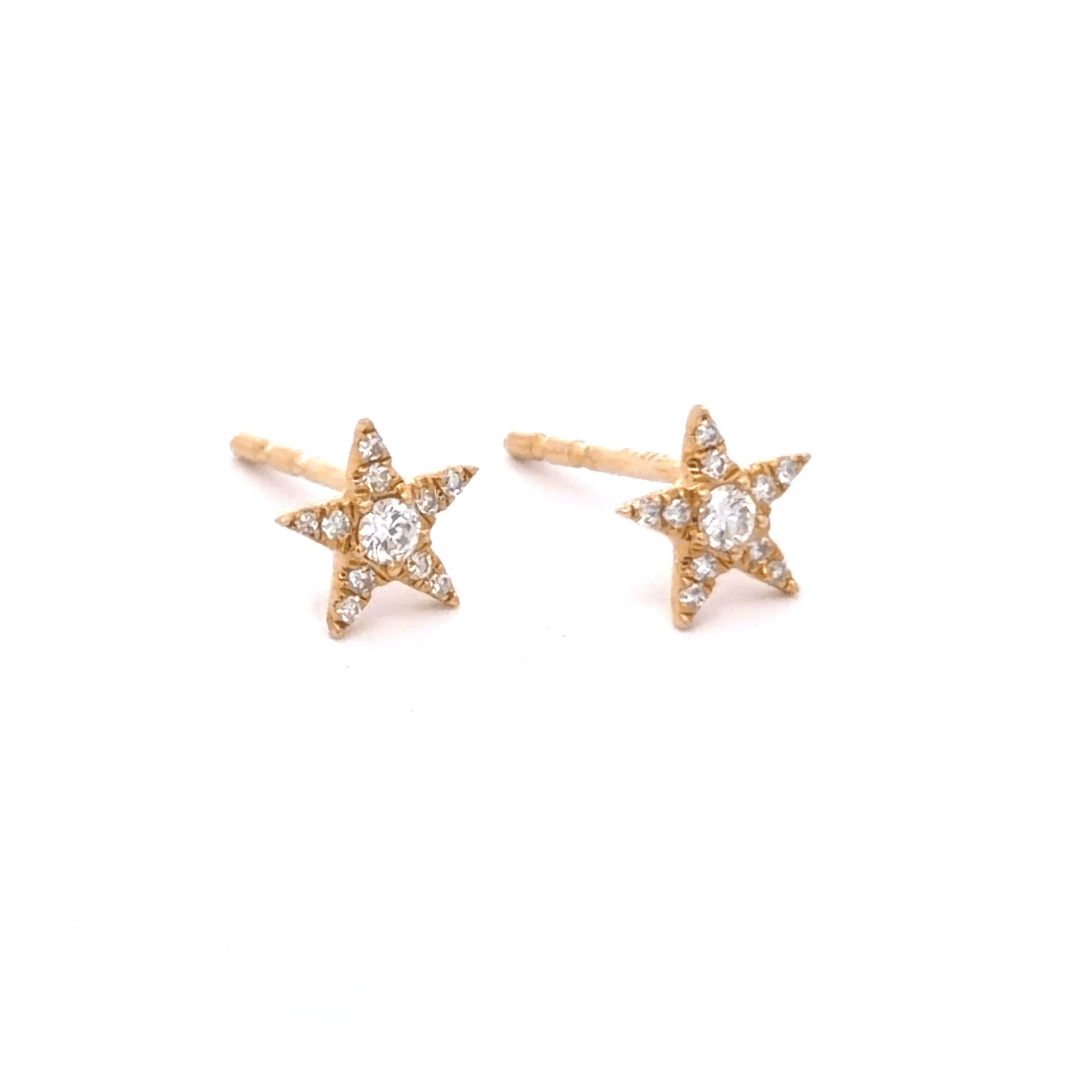 14K Solid Yellow Gold and Diamond Star Stud Earrings - Reeves & Reeves