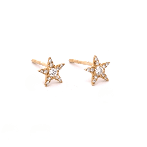 14K Solid Yellow Gold and Diamond Star Stud Earrings - Reeves & Reeves