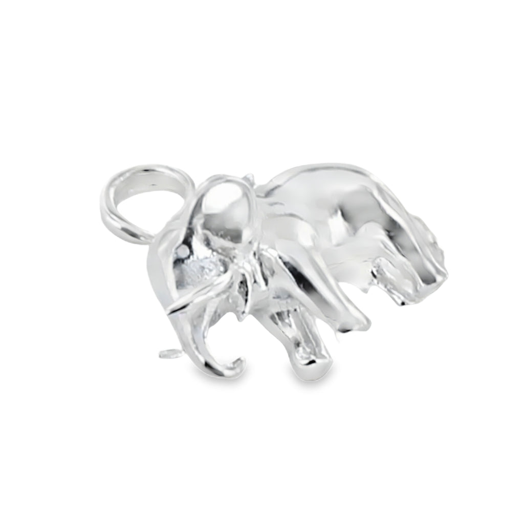 A polished silver elephant charm with a hanging loop, shown on a clean white background.