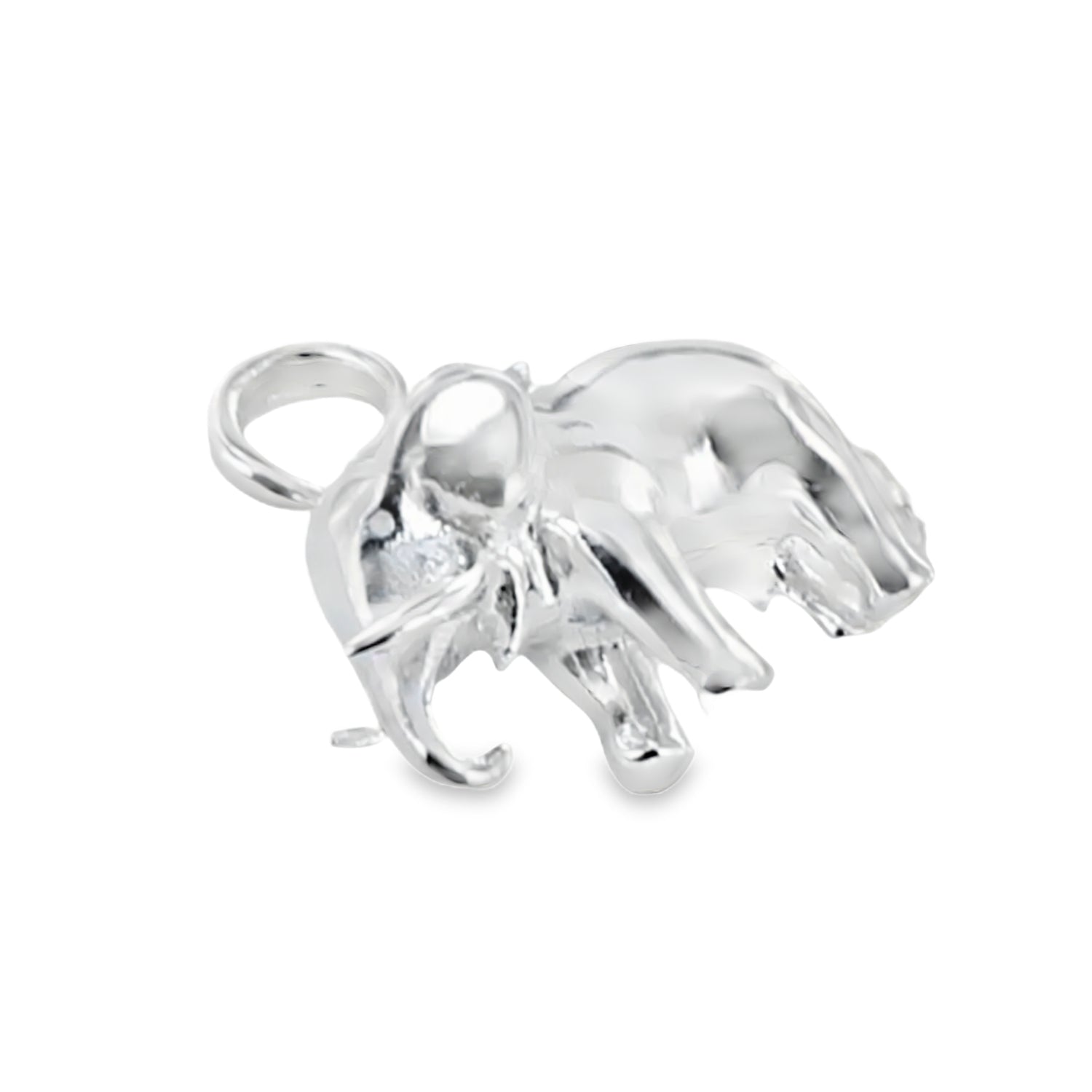 A polished silver elephant charm with a hanging loop, shown on a clean white background.