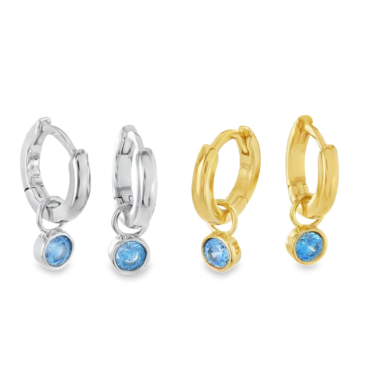 Two pairs of small hoop earrings on a white background, one in sterling silver and one in 18ct gold plating, each with a dangling light blue gemstone hanging from the bottom.