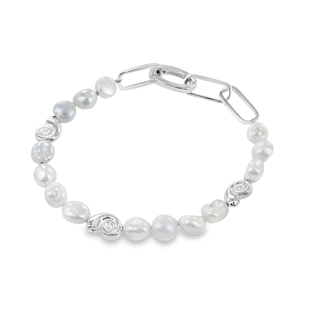 A sterling silver chain bracelet, with white freshwater pearls, threaded on a wire with ammonite charms every fourth pearl. rectangular links finish the bracelet off with a lobster clasp.