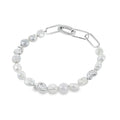 A sterling silver chain bracelet, with white freshwater pearls, threaded on a wire with ammonite charms every fourth pearl. rectangular links finish the bracelet off with a lobster clasp.