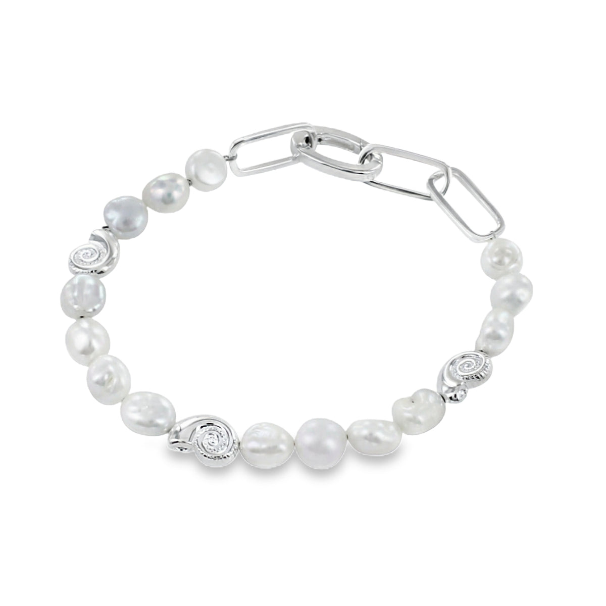 A sterling silver chain bracelet, with white freshwater pearls, threaded on a wire with ammonite charms every fourth pearl. rectangular links finish the bracelet off with a lobster clasp.