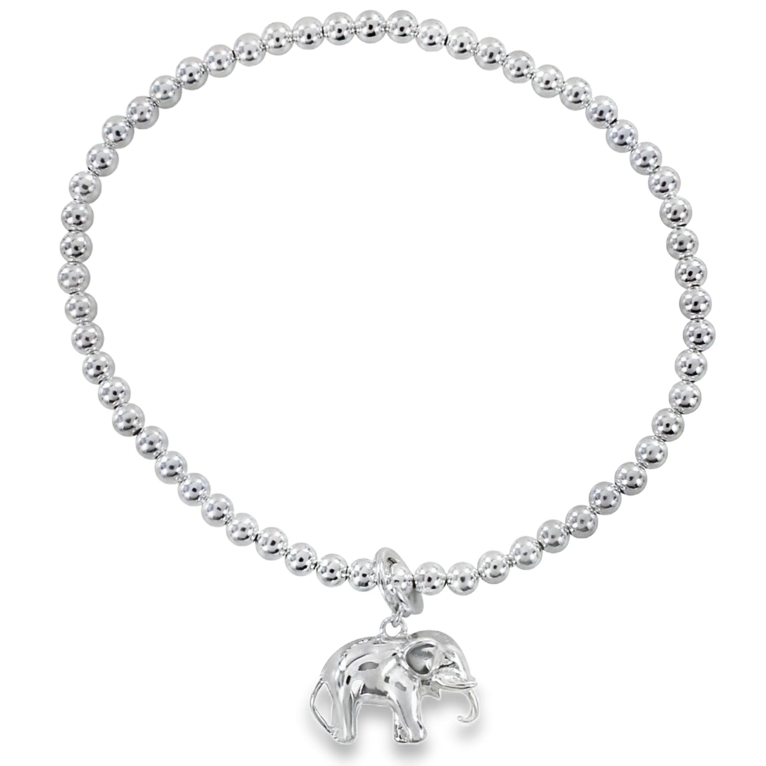 A silver beaded bracelet with a small elephant charm, displayed on a clean white background.