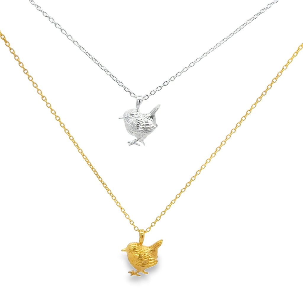 Sterling Silver Wren Necklaces, one in Silver and one in Gold plate. Necklaces on adjustable chains. Nature inspired gift for her.