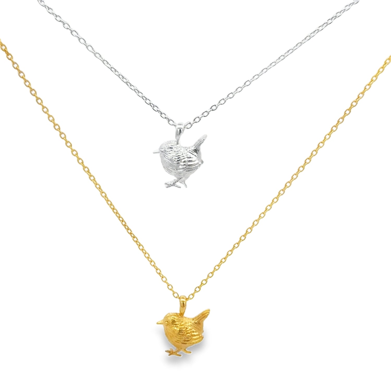 Sterling Silver Wren Necklaces, one in Silver and one in Gold plate. Necklaces on adjustable chains. Nature inspired gift for her.