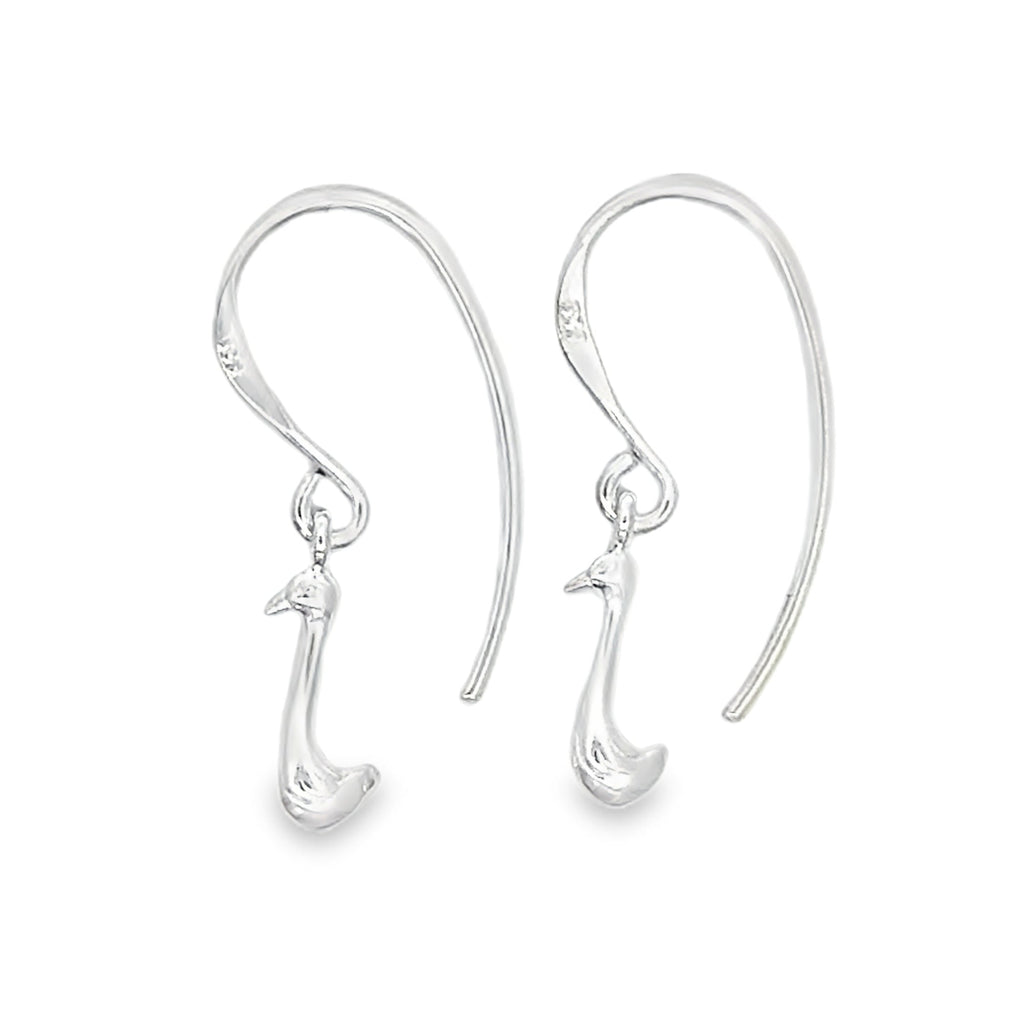 A pair of drop earrings with Runner Ducks hanging on silver hooks.