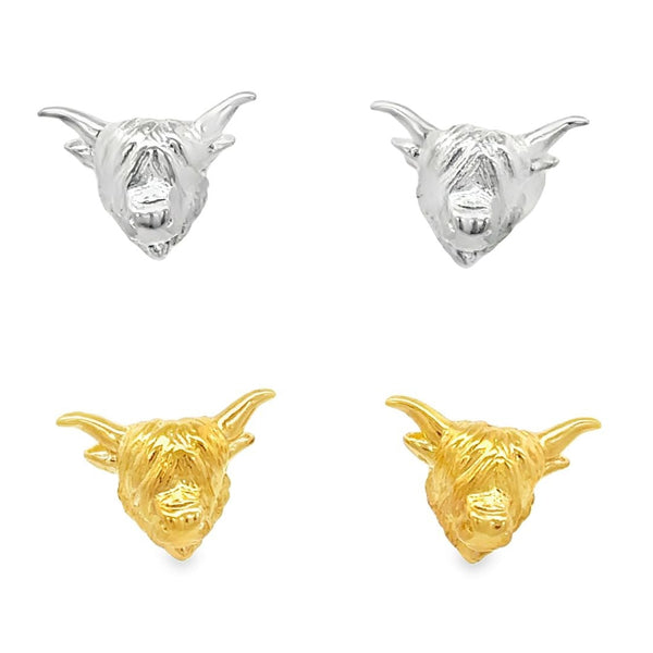 Two pairs of Highland Cow Stud Earrings, one sterling silver, one with 18ct gold plating, on a white background