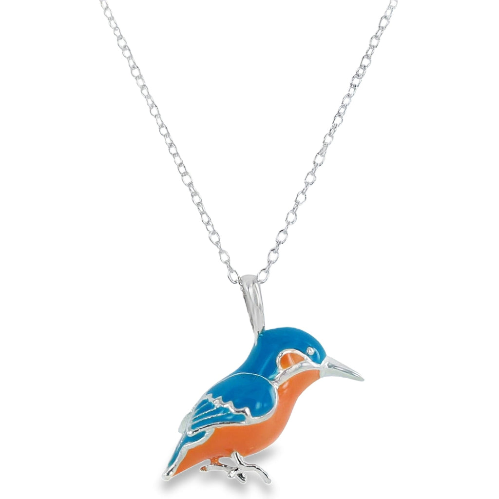Sterling Silver Kingfisher Necklace with blue and orange enamel detail. Hanging on an adjustable silver chain.