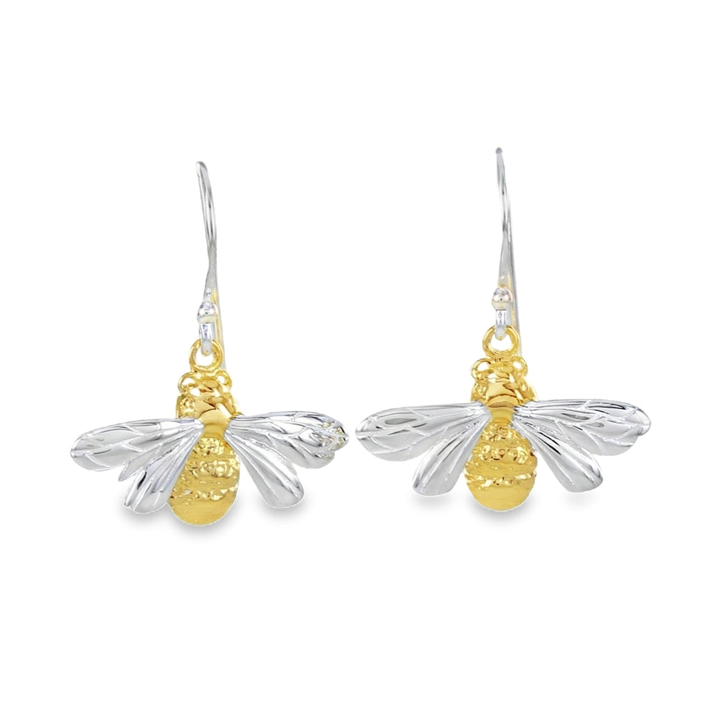 A pair of sterling silver Queen Bee Earrings with 18ct gold plating on its body, hung on silver hooks.