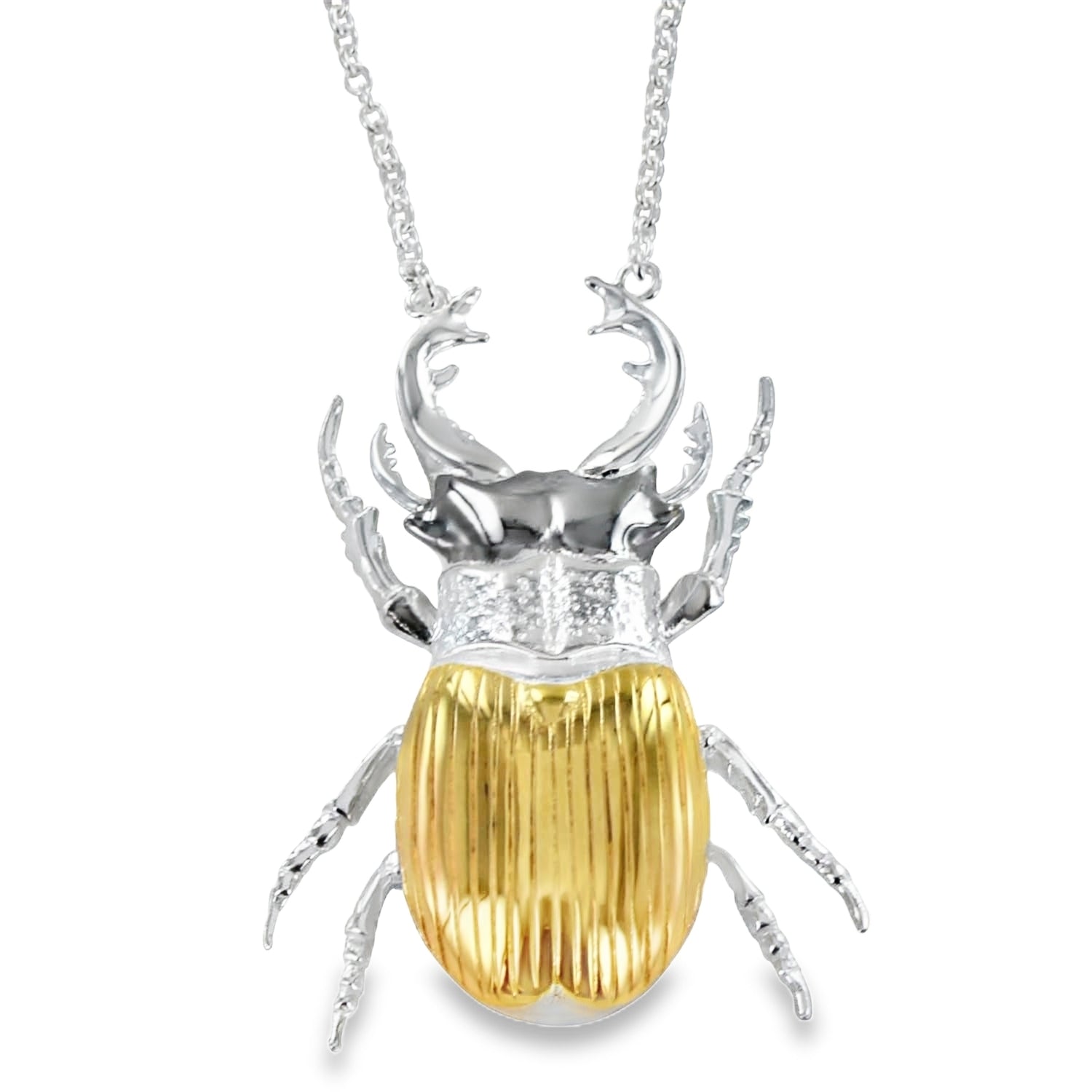 Sterling Silver Stag Beetle Necklace with gold plated finish on its back and black ruthenium pincers. Hung centrally on a silver adjustable chain.