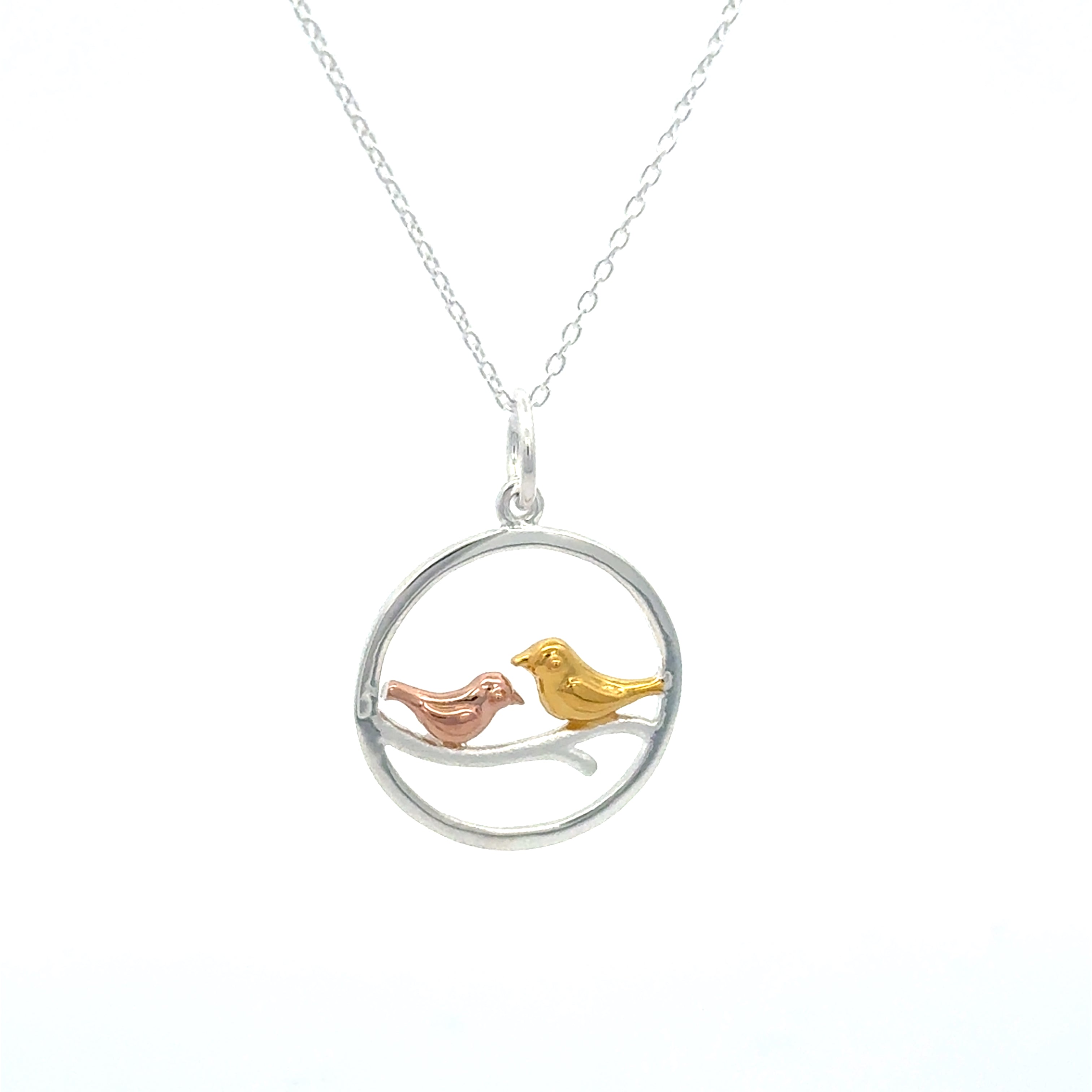 Necklace with a circular pendant featuring two birds in gold and rose gold plate sat on a branch in the centre of the circle. Hanging on a silver adjustable chain.