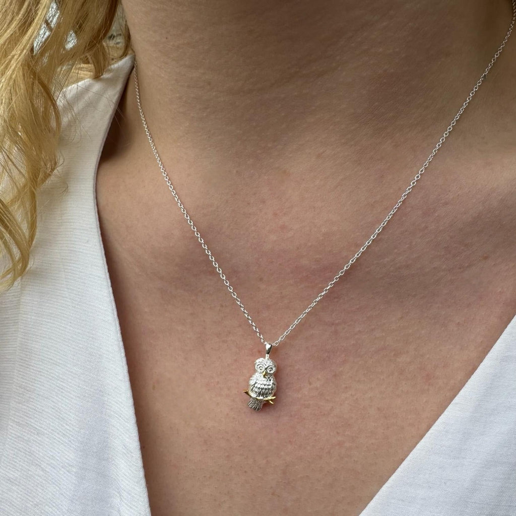 A Sterling Silver Owl Pendant with gold plate detail, hung on a silver adjustable chain and worn on a models neck.