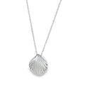 A silver scallop shell necklace hanging on a silver adjustable chain.