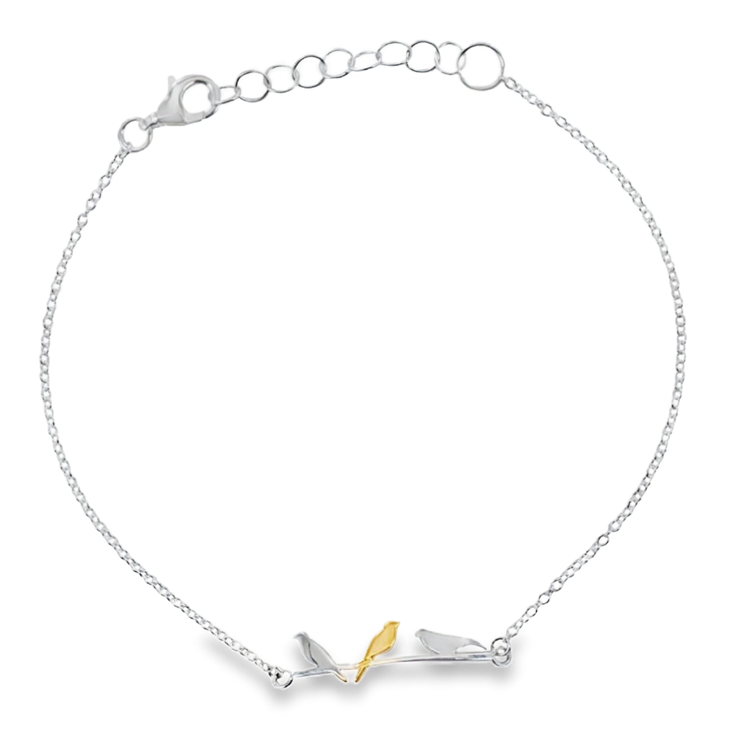 A delicate chain bracelet with three birds sat on a branch as the central detail. Two birds are in sterling silver and the middle bird has 18ct gold plated finish. The bracelet is finished with a lobster clasp and adjustable chain.
