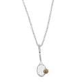 A sterling silver Tennis racket pendant, with a gold plated ball sat on the edge of the racket. The pendant hangs on a silver adjustable chain.