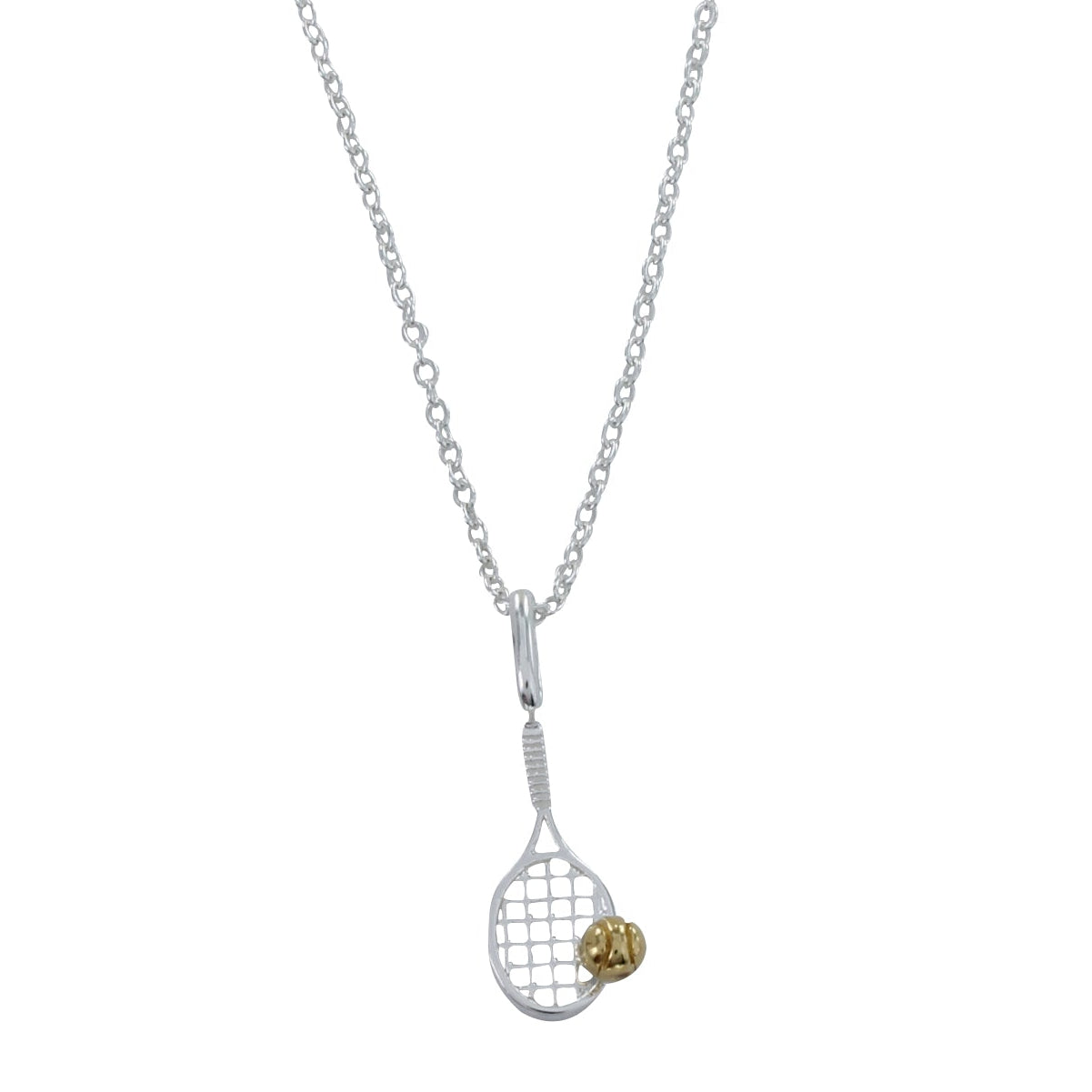 A sterling silver Tennis racket pendant, with a gold plated ball sat on the edge of the racket. The pendant hangs on a silver adjustable chain.