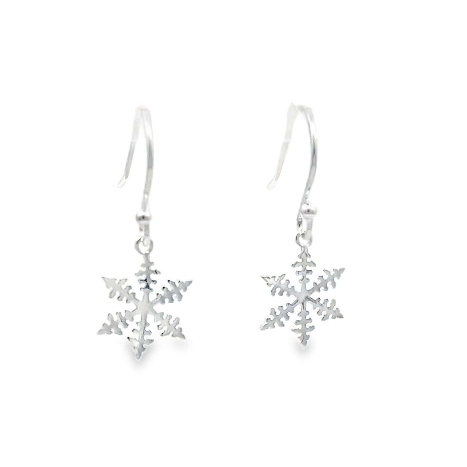 A pair of silver dangle earrings featuring detailed snowflake charms, shown against a plain white background.