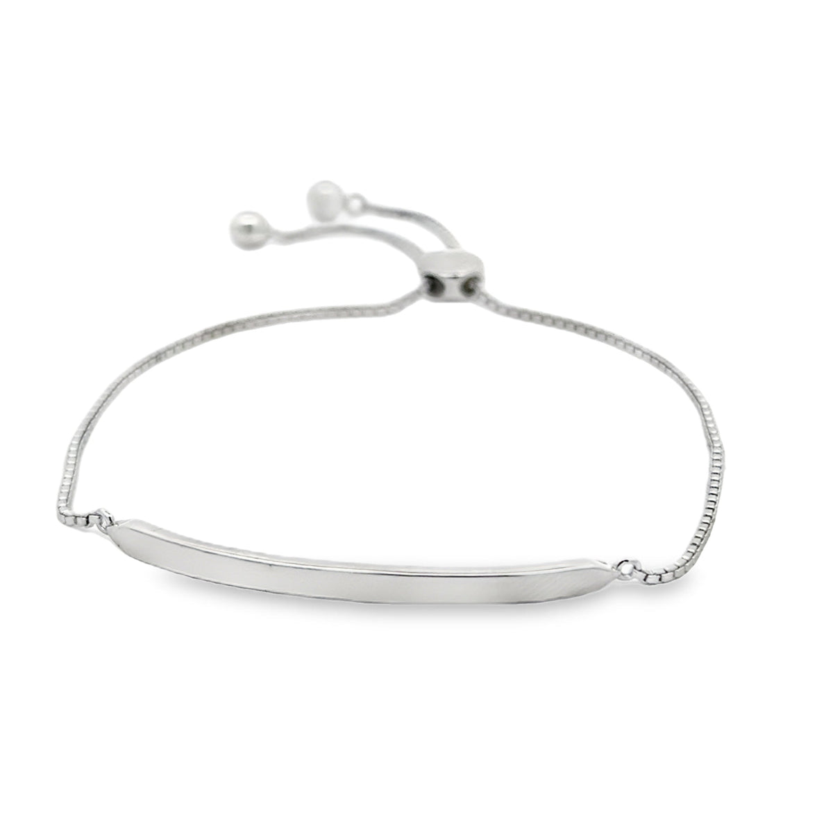 Silver adjustable slider bracelet, with a solid silver plain bar at the centre. The slider chain is finished with solid silver balls at each end.