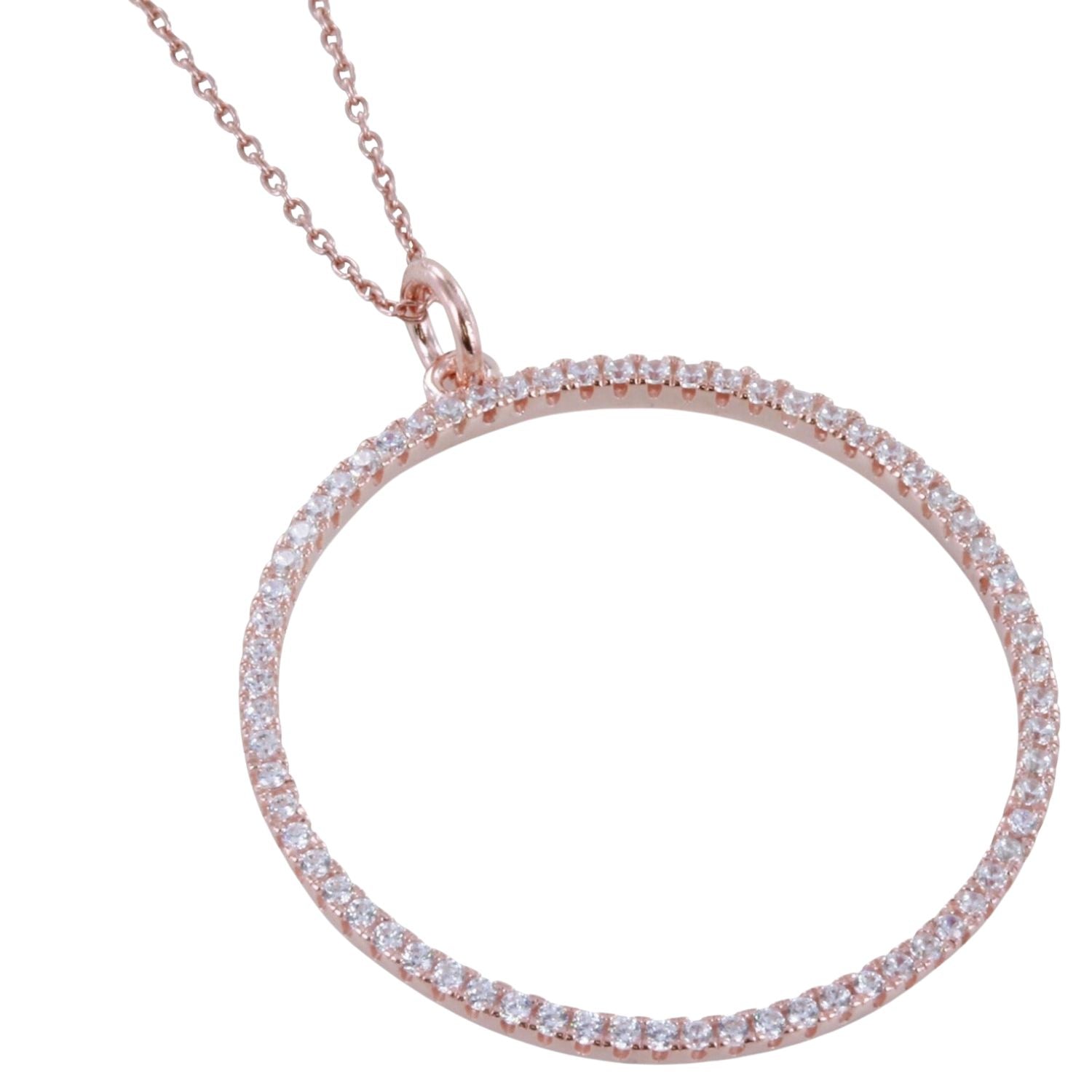 A sterling silver circular outline pendant, filled with cubic zirconia stones. The pendant is finished in 18ct rose gold plating and hung on a silver chain.