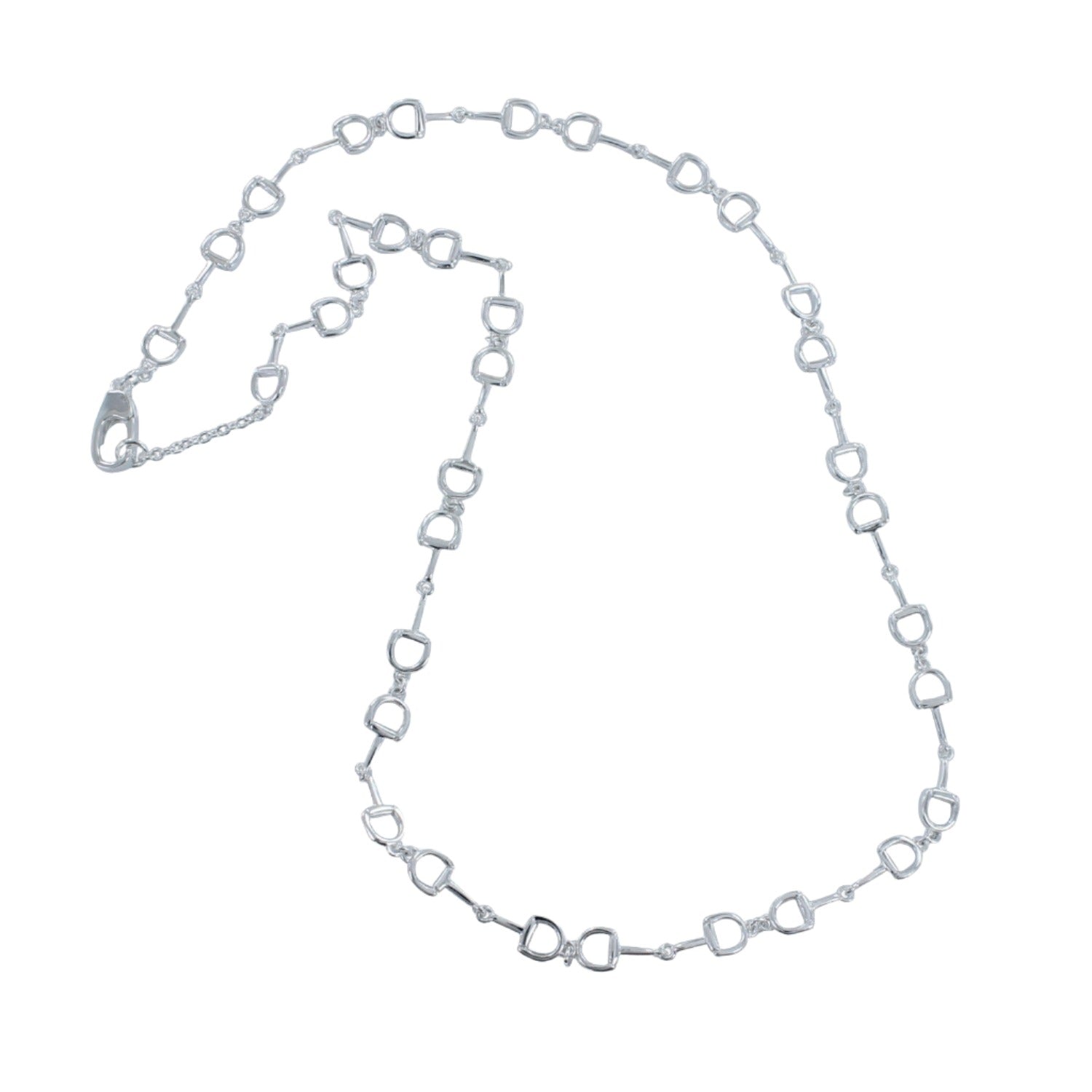 A sterling silver necklace with interlocking snaffle bit sections, adjustable in length, with a lobster clasp.