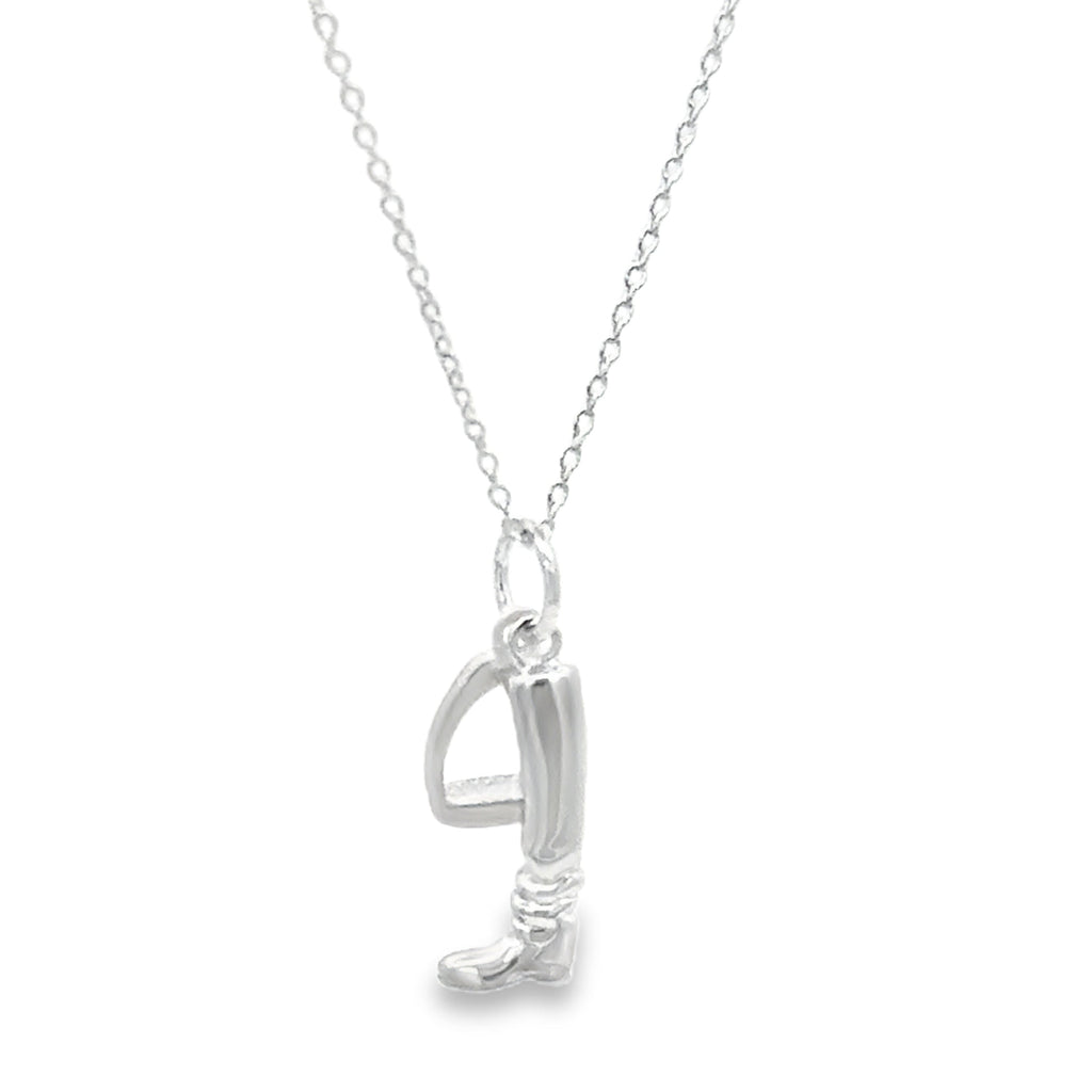 A sterling silver boot charm, hanging next to a matt silver stirrup charm and hung on a silver adjustable chain.
