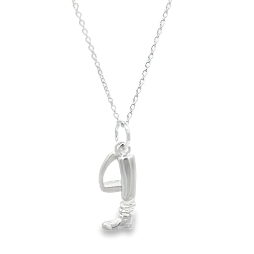 A sterling silver boot charm, hanging next to a matt silver stirrup charm and hung on a silver adjustable chain.