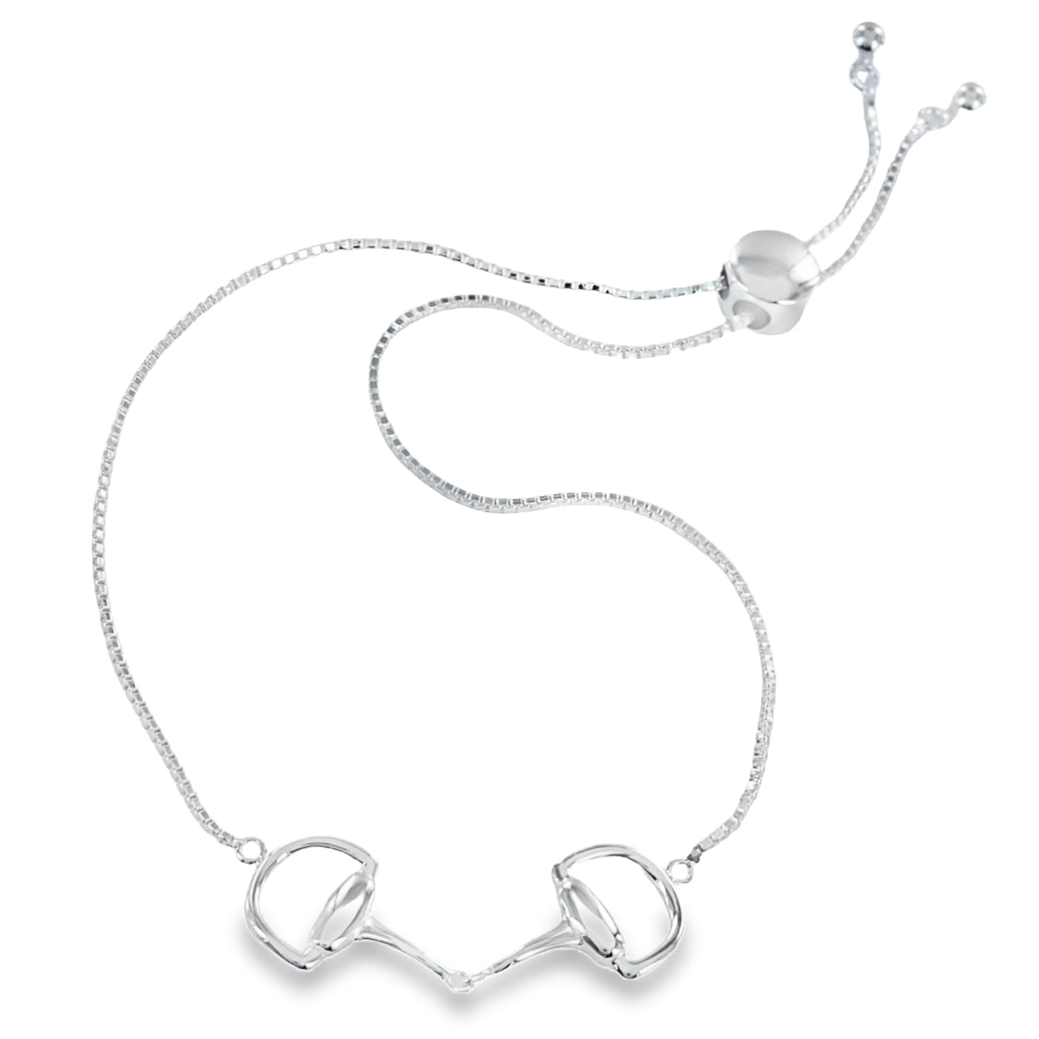 Silver bracelet with a snaffle as the central feature, sat on a box style chain with a slider toggle clasp.