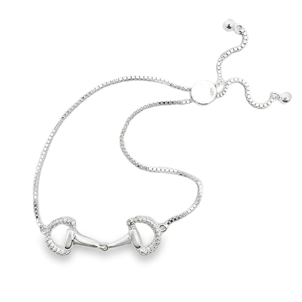 Silver bracelet with horsebit design on a white background