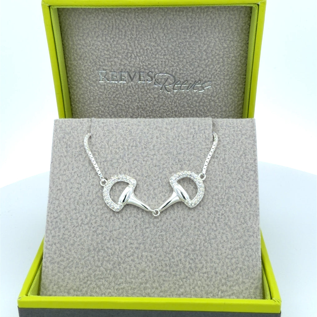 Silver necklace with horse bit design in a Reeves box
