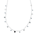 A sterling silver chain necklace with small silver heart charms set evenly along the chain, interspersed with blue gems.