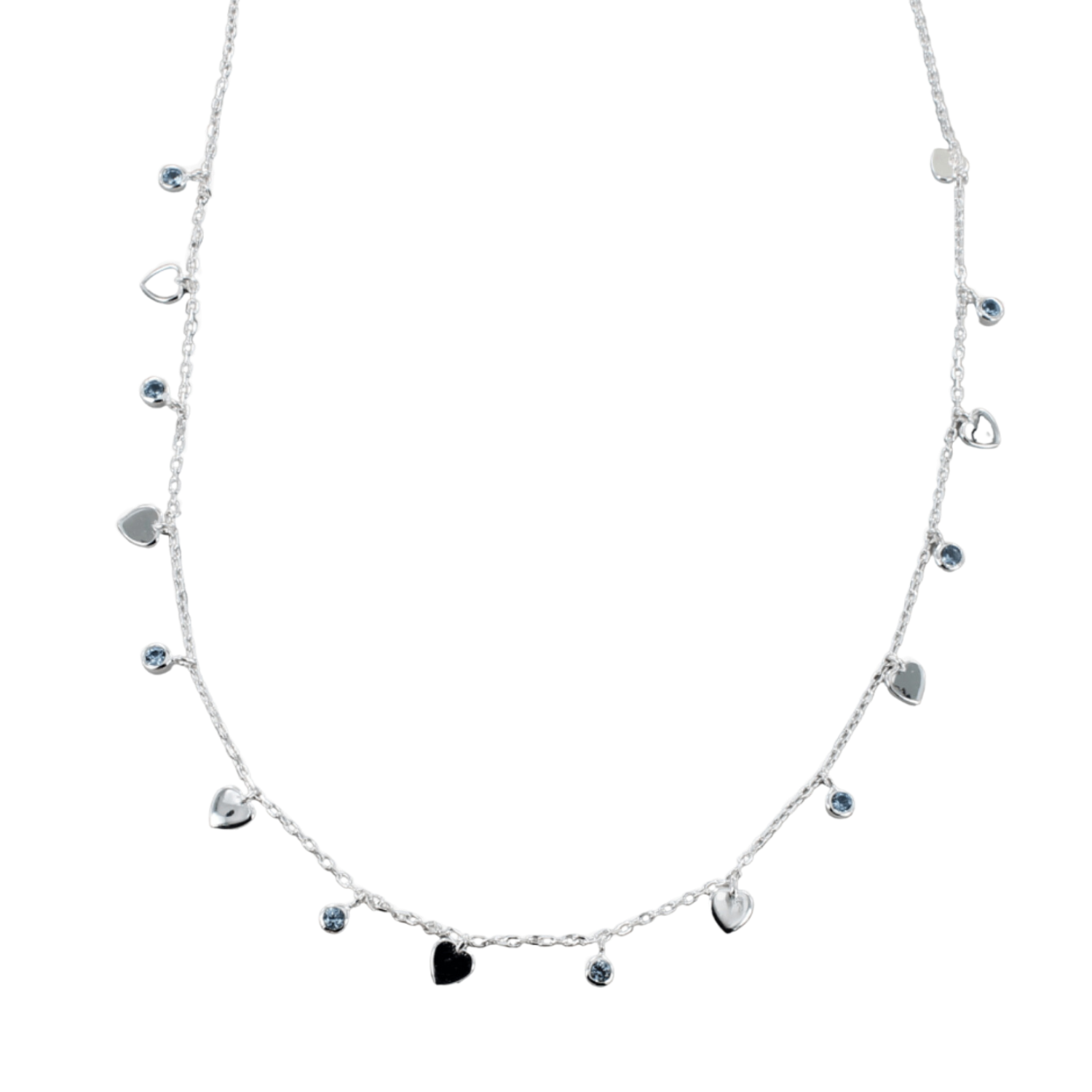 A sterling silver chain necklace with small silver heart charms set evenly along the chain, interspersed with blue gems.