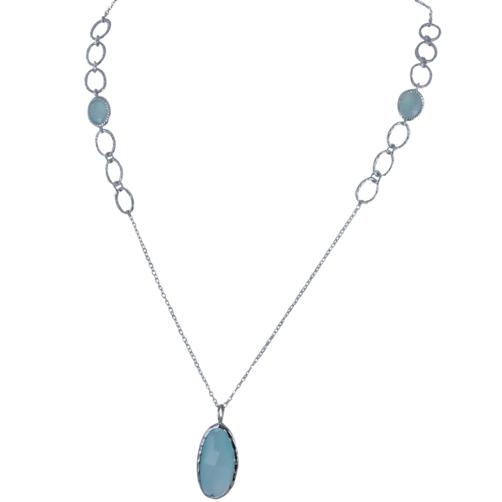 A sterling silver chain with an aqua chalcedony stone as the central feature.  The chain has paperchain style links near the top with the aqua stone in the middle.