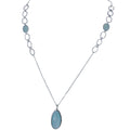 A sterling silver chain with an aqua chalcedony stone as the central feature.  The chain has paperchain style links near the top with the aqua stone in the middle.