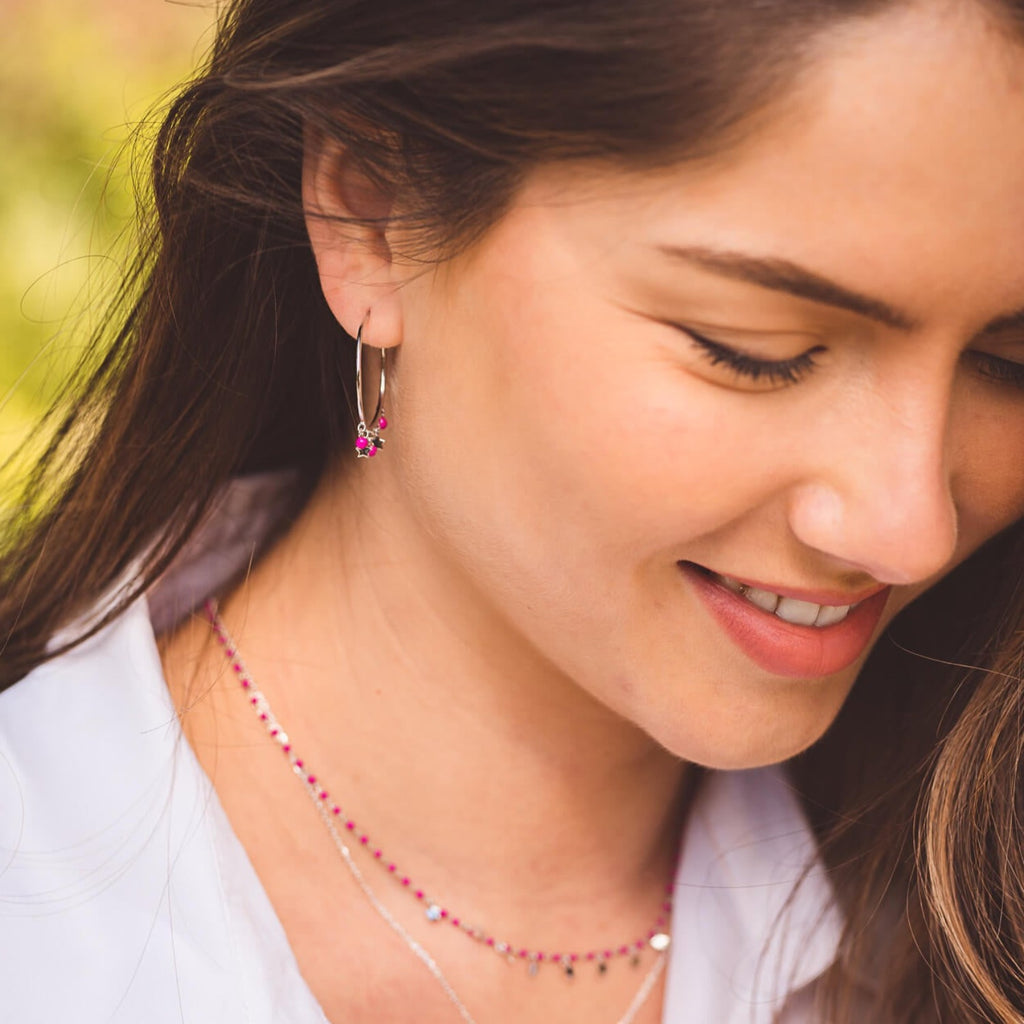 Pink Starry Sterling Silver Hoop Earrings