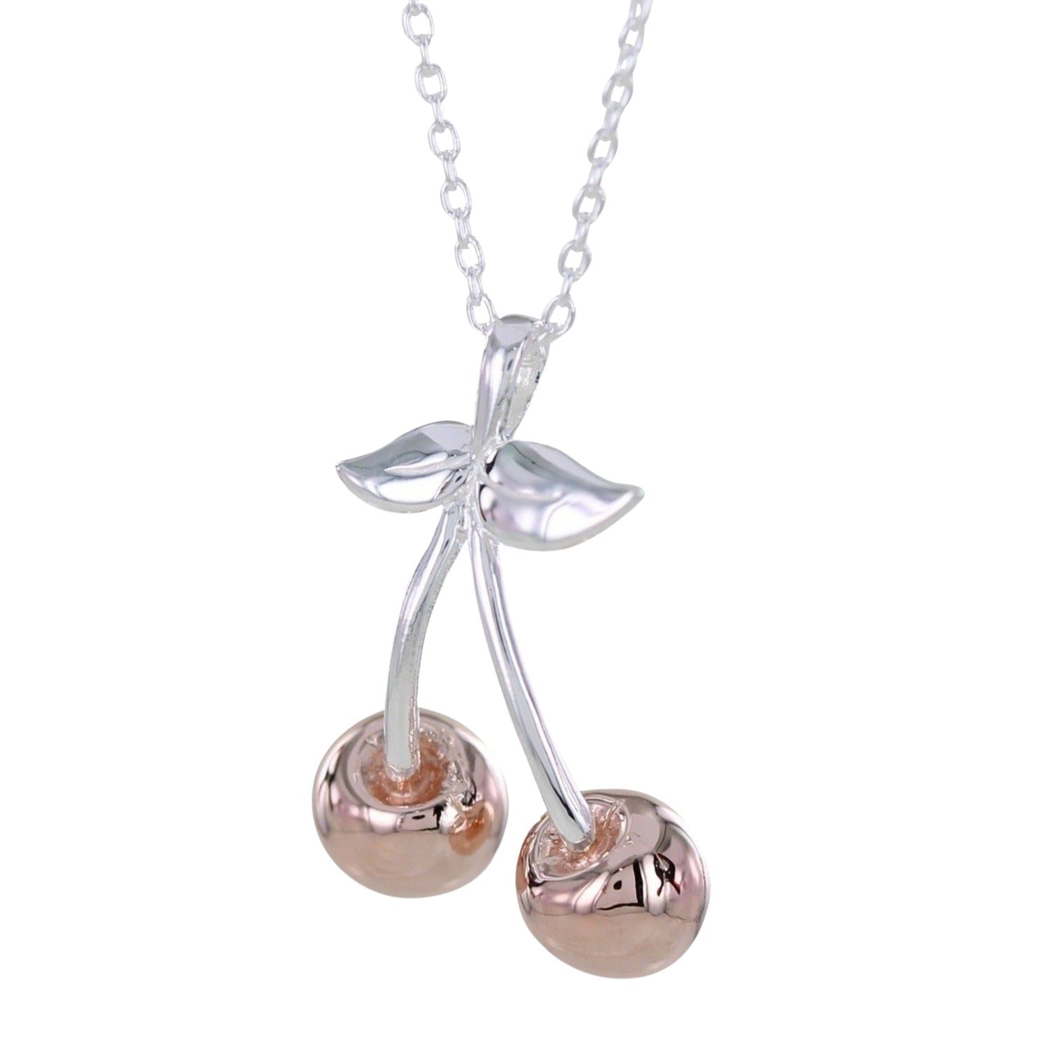 A sterling silver cherry necklace with rose gold vermeil detailing on the cherries and silver stalks and leaves. Hanging from a silver adjustable chain.