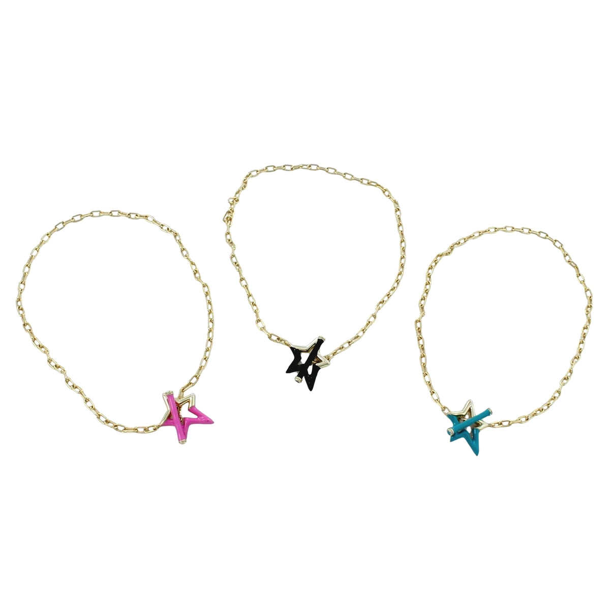 Three fine chain bracelets in sterling silver with 18ct gold plating. A star silhouette sits at the centre with coloured enamel detail on half of the star. The bracelet is finished with a matching colour T bar through the star as the clasp. The colours shown are pink, black or turquoise.
