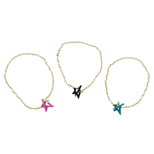 Three fine chain bracelets in sterling silver with 18ct gold plating. A star silhouette sits at the centre with coloured enamel detail on half of the star. The bracelet is finished with a matching colour T bar through the star as the clasp. The colours shown are pink, black or turquoise.