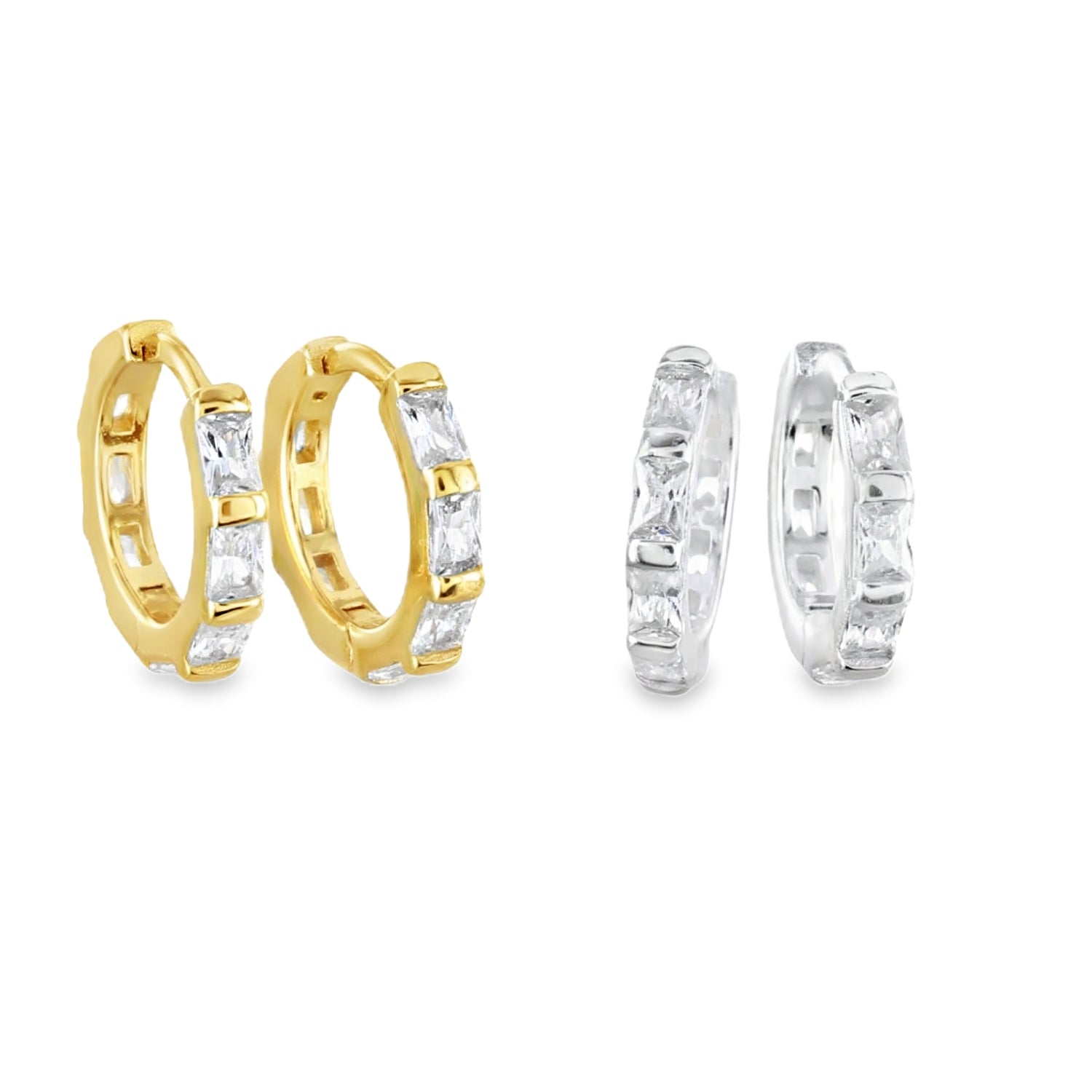 Two pairs of huggie hoop earrings, one sterling silver and one gold plated. Each hoop has baguette shaped cubic zirconia stones set in the front.