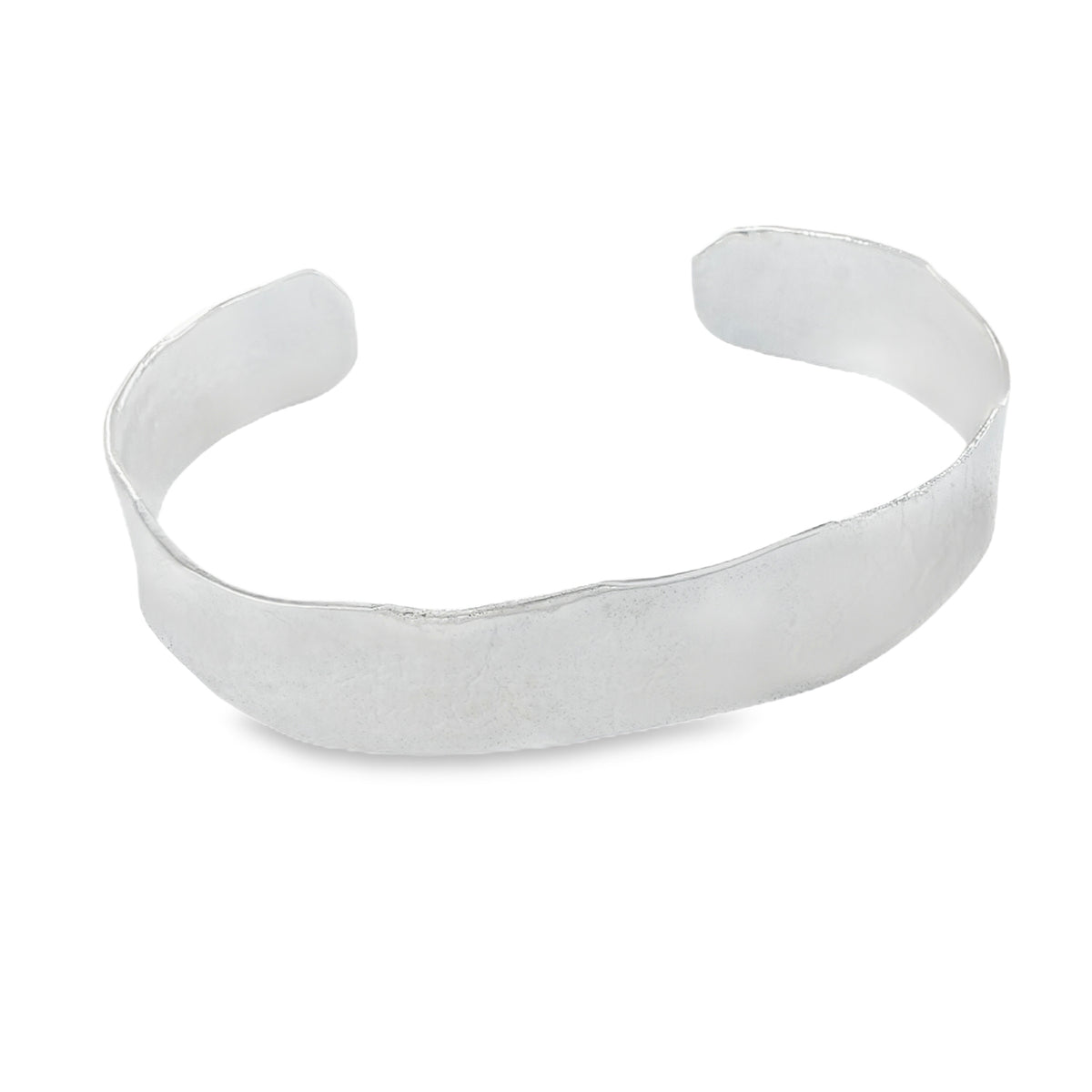 A sterling silver plain cuff bracelet, with a flat band of silver that has a textured finish to it, shown on a white background.