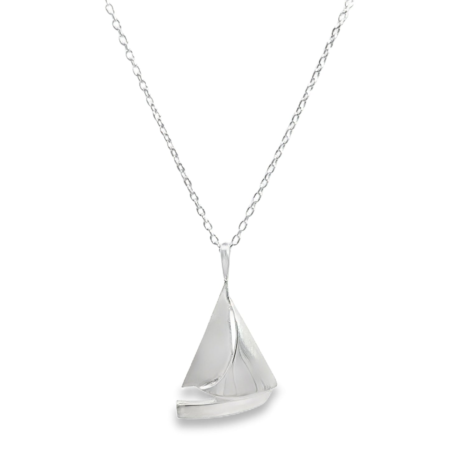 Silver sailboat pendant on an adjustable chain.