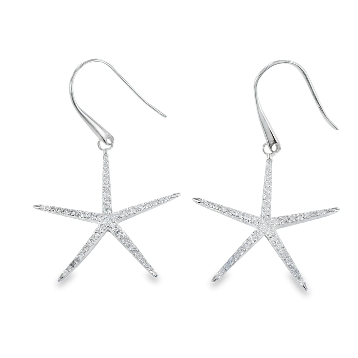 A pair of sterling silver starfish drop earrings. The starfishes are full of cubic zirconia stones and hang on silver hooks.