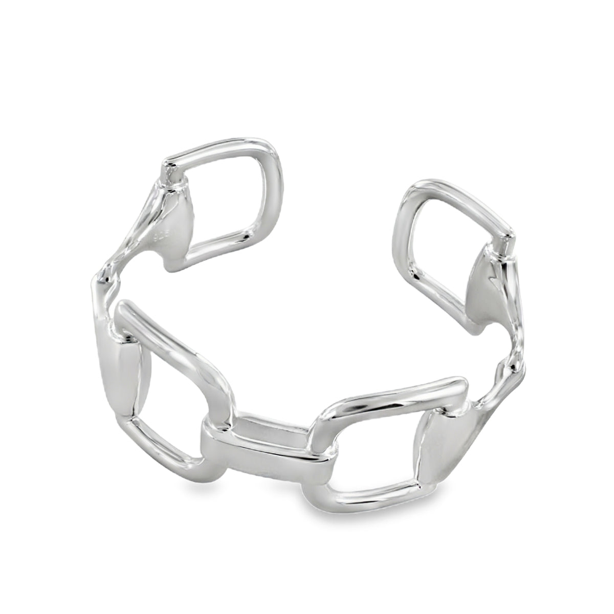 A sterling silver chunky cuff bracelet in a snaffle design. Two supersized snaffle bits are connected and wrap around the wrist. Shown on a white background.